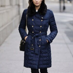 Burberry Brit Navy Down Puffer Parka Coat Fur Collar Belted Double-Breasted Sz M